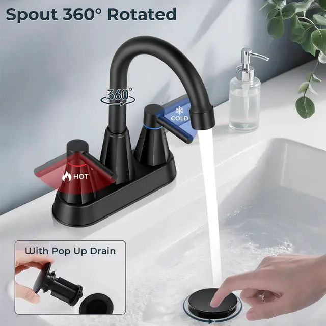 Alt view image 5 of 7 - 4" Bathroom Sink Faucet, 2-Handle Matte Black, Pop-Up Drain Included | 360° swivel spout, ceramic cartridge, 20% water-saving aerator, RV ready