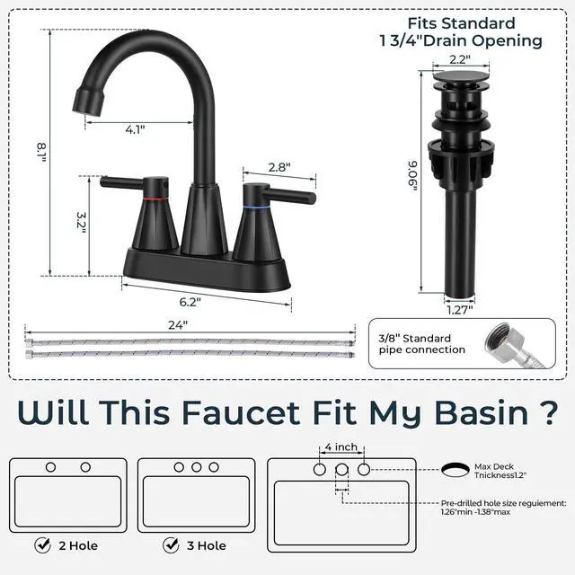 Alt view image 7 of 7 - 4" Bathroom Sink Faucet, 2-Handle Matte Black, Pop-Up Drain Included | 360° swivel spout, ceramic cartridge, 20% water-saving aerator, RV ready