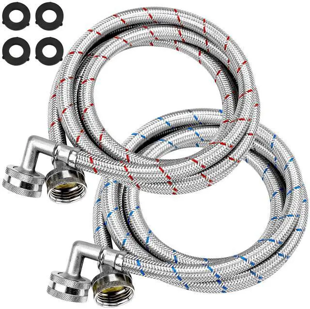 Main image of 6FT Washer Stainless Steel Hoses with 90 Degree Elbows by - Burst Proof 3/4" FHT Standard Thread - 2 Pack Red and Blue Braided Hoses for Hot and Cold Water Supply