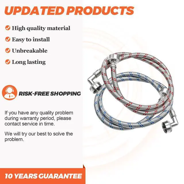 Alt view image 3 of 7 - 6FT Washer Stainless Steel Hoses with 90 Degree Elbows by - Burst Proof 3/4" FHT Standard Thread - 2 Pack Red and Blue Braided Hoses for Hot and Cold Water Supply