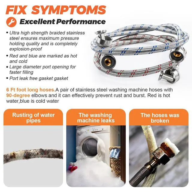 Alt view image 4 of 7 - 6FT Washer Stainless Steel Hoses with 90 Degree Elbows by - Burst Proof 3/4" FHT Standard Thread - 2 Pack Red and Blue Braided Hoses for Hot and Cold Water Supply