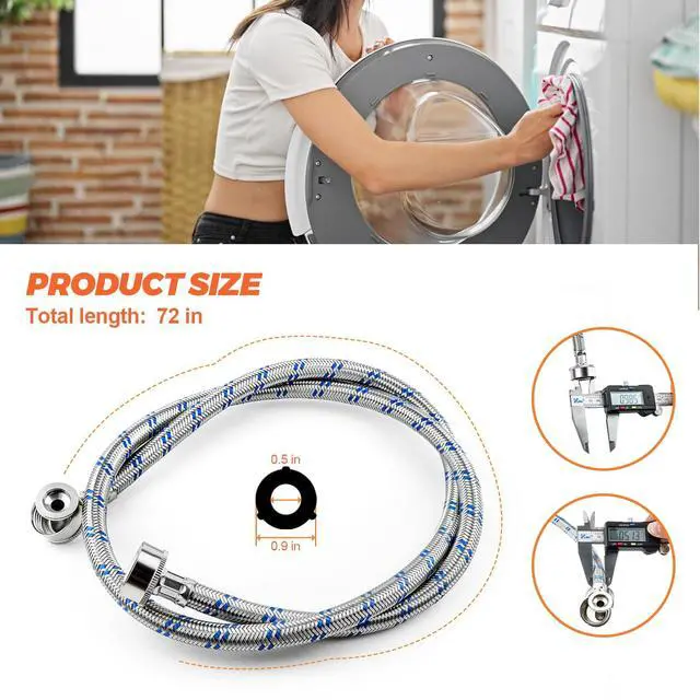 Alt view image 5 of 7 - 6FT Washer Stainless Steel Hoses with 90 Degree Elbows by - Burst Proof 3/4" FHT Standard Thread - 2 Pack Red and Blue Braided Hoses for Hot and Cold Water Supply