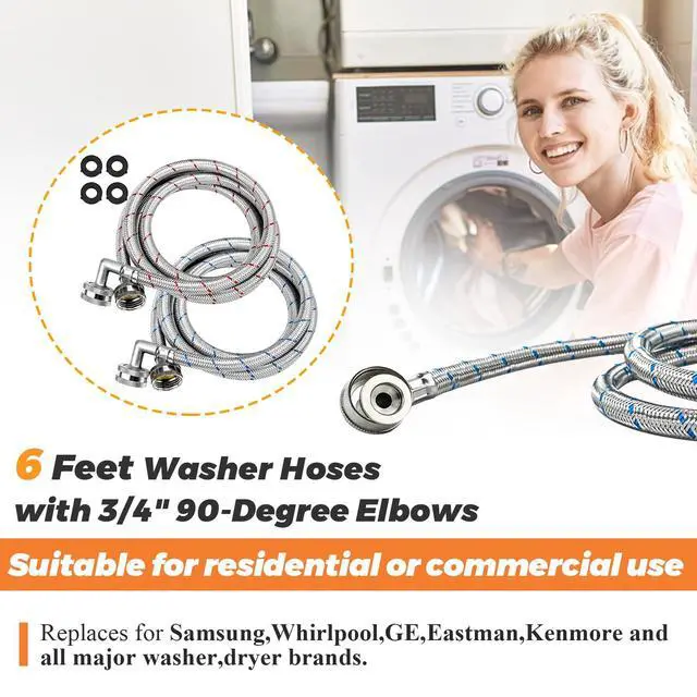 Alt view image 7 of 7 - 6FT Washer Stainless Steel Hoses with 90 Degree Elbows by - Burst Proof 3/4" FHT Standard Thread - 2 Pack Red and Blue Braided Hoses for Hot and Cold Water Supply