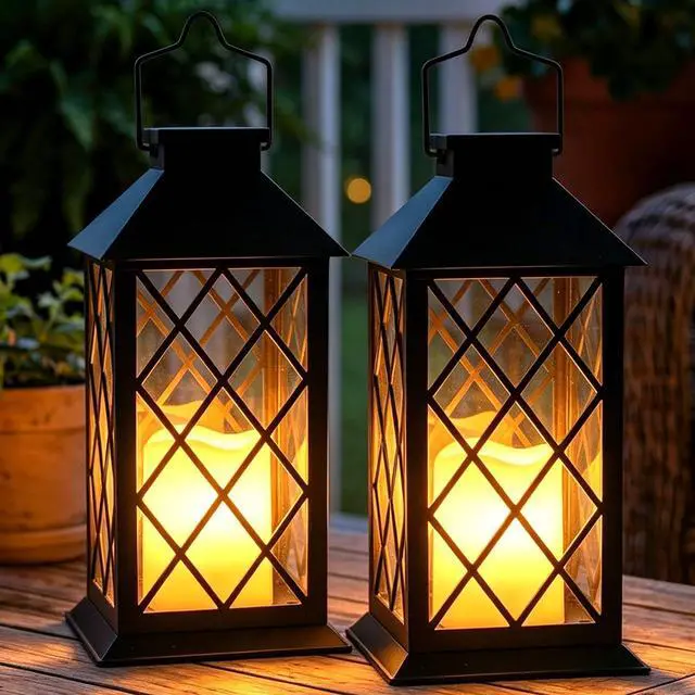 Main image of 2 Pack 14" Large Tempered Glass Solar Lanterns Outdoor Waterproof | Black retro solar lantern with flickering flameless candles, ideal decoration for wall, porch, patio, table and garden