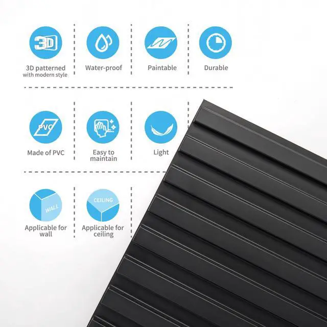 Alt view image 7 of 7 - 3D Fluted Textured Slat Wall Panels, 19.7 x 19.7 in, 12-Pack, Black | PVC, Waterproof, Scratch Proof, Wipeable, Break-Proof, Ideal for Home, Office and Commercial Spaces