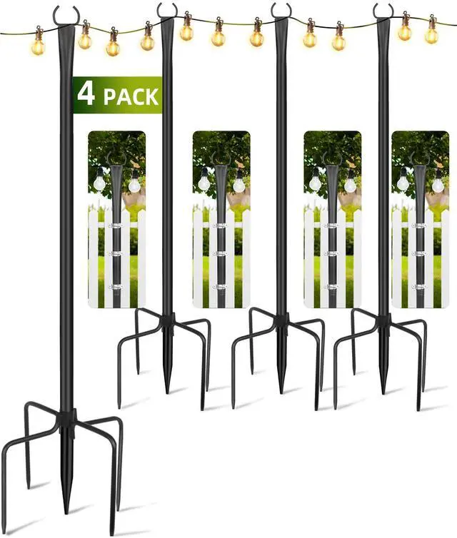 Main image of String Light Poles for Outside, 4 Pack 10 ft Adjustable Light Poles | Heavy Duty, Weather Resistant, 5 Prong Stable Base, Ground & Fence Mount, Fence Clips Included, For Patio Garden Porch Decor