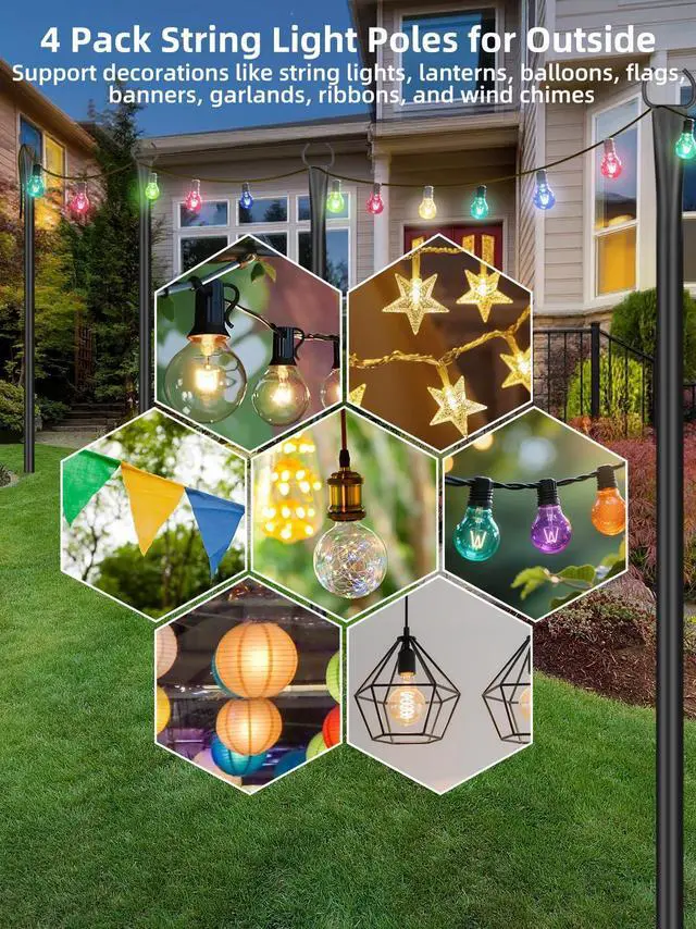 Alt view image 3 of 7 - String Light Poles for Outside, 4 Pack 10 ft Adjustable Light Poles | Heavy Duty, Weather Resistant, 5 Prong Stable Base, Ground & Fence Mount, Fence Clips Included, For Patio Garden Porch Decor