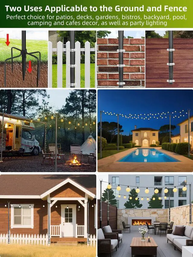 Alt view image 2 of 7 - String Light Poles for Outside, 4 Pack 10 ft Adjustable Light Poles | Heavy Duty, Weather Resistant, 5 Prong Stable Base, Ground & Fence Mount, Fence Clips Included, For Patio Garden Porch Decor