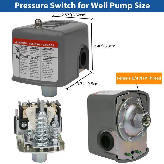 Alt view image 6 of 7 - Water Pressure Switch for Well Pump 40-60psi Water Pump Pressure Switch | Auto Electrical Control Adjustable Differential,1/4 Female NPT,Certicated UL,1PC-Grey