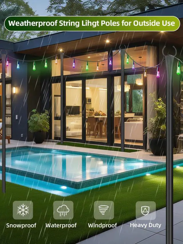 Alt view image 4 of 7 - String Light Poles for Outside, 4 Pack 10 ft Adjustable Light Poles | Heavy Duty, Weather Resistant, 5 Prong Stable Base, Ground & Fence Mount, Fence Clips Included, For Patio Garden Porch Decor