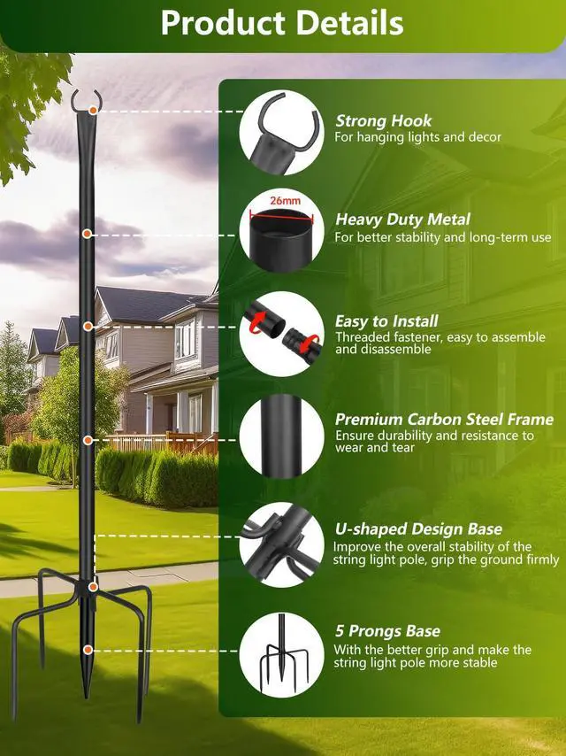 Alt view image 7 of 7 - String Light Poles for Outside, 4 Pack 10 ft Adjustable Light Poles | Heavy Duty, Weather Resistant, 5 Prong Stable Base, Ground & Fence Mount, Fence Clips Included, For Patio Garden Porch Decor