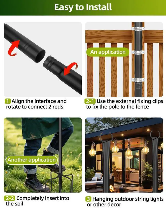 Alt view image 6 of 7 - String Light Poles for Outside, 4 Pack 10 ft Adjustable Light Poles | Heavy Duty, Weather Resistant, 5 Prong Stable Base, Ground & Fence Mount, Fence Clips Included, For Patio Garden Porch Decor