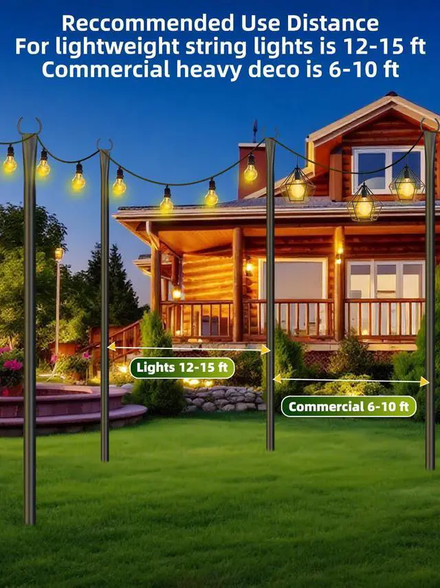 Alt view image 5 of 7 - String Light Poles for Outside, 4 Pack 10 ft Adjustable Light Poles | Heavy Duty, Weather Resistant, 5 Prong Stable Base, Ground & Fence Mount, Fence Clips Included, For Patio Garden Porch Decor