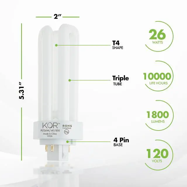 Alt view image 2 of 7 - 26W Triple Tube Compact Fluorescent Light Bulb, 4 Pack | GX24Q-3 4-pin Base, 5000K Bright White, PL26W/3U/4P