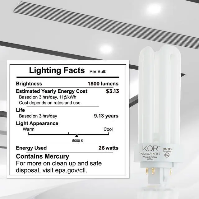 Alt view image 6 of 7 - 26W Triple Tube Compact Fluorescent Light Bulb, 4 Pack | GX24Q-3 4-pin Base, 5000K Bright White, PL26W/3U/4P