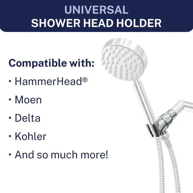 Alt view image 3 of 7 - ® Solid Metal Handheld Shower Head Holder - Chrome - Adjustable Shower Wand Holder with Wall Hook Bracket and Pivot Ball - Hand Held Shower Head Holder - Shower Hose Holder