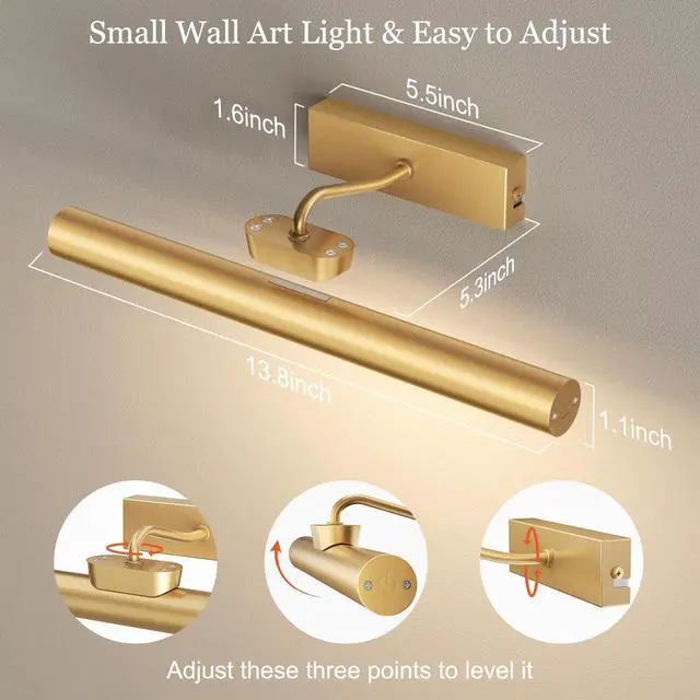 Alt view image 2 of 7 - 13.8" Cordless Picture Light for wall, Gold, 2 Pack | 4000mAh Rechargeable art lights, RF Remote, Magnetic Detachable, 3-Color Dimmable, for Living Room, Bedroom, Gallery