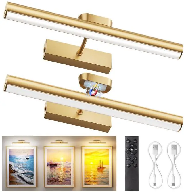 Main image of 13.8" Cordless Picture Light for wall, Gold, 2 Pack | 4000mAh Rechargeable art lights, RF Remote, Magnetic Detachable, 3-Color Dimmable, for Living Room, Bedroom, Gallery