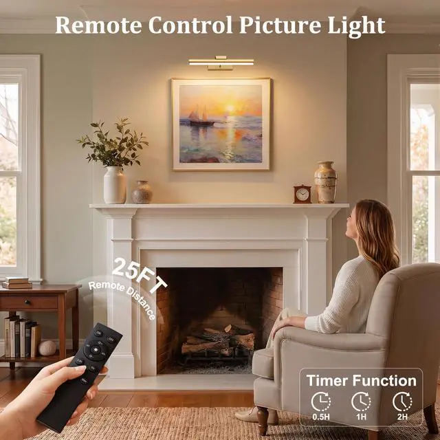 Alt view image 3 of 7 - 13.8" Cordless Picture Light for wall, Gold, 2 Pack | 4000mAh Rechargeable art lights, RF Remote, Magnetic Detachable, 3-Color Dimmable, for Living Room, Bedroom, Gallery
