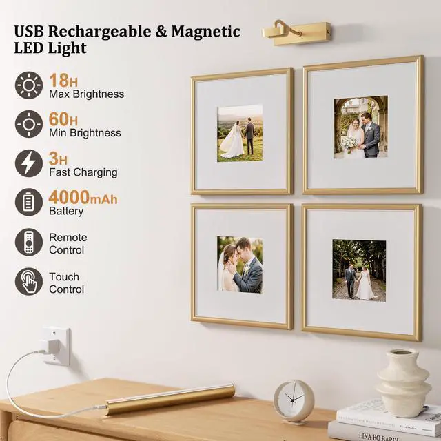 Alt view image 5 of 7 - 13.8" Cordless Picture Light for wall, Gold, 2 Pack | 4000mAh Rechargeable art lights, RF Remote, Magnetic Detachable, 3-Color Dimmable, for Living Room, Bedroom, Gallery