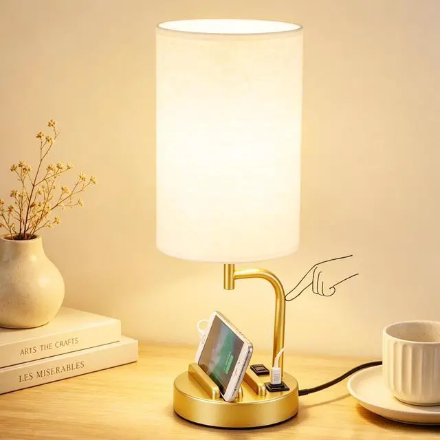 Main image of Touch Control USB Table Lamp with USB C/A & AC Outlet, 3-Way Dimmable Bedside Lamp, Modern Nightstand Lamps for Bedroom Living Room Guest Room Office, Bulb Included, Gold