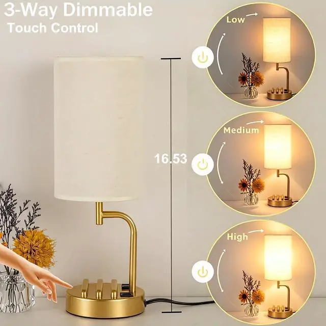 Alt view image 2 of 7 - Touch Control USB Table Lamp with USB C/A & AC Outlet, 3-Way Dimmable Bedside Lamp, Modern Nightstand Lamps for Bedroom Living Room Guest Room Office, Bulb Included, Gold