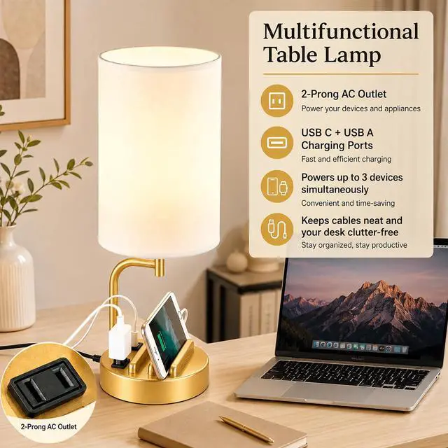 Alt view image 3 of 7 - Touch Control USB Table Lamp with USB C/A & AC Outlet, 3-Way Dimmable Bedside Lamp, Modern Nightstand Lamps for Bedroom Living Room Guest Room Office, Bulb Included, Gold