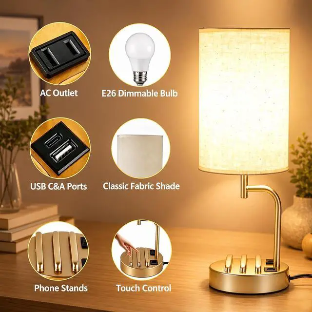 Alt view image 6 of 7 - Touch Control USB Table Lamp with USB C/A & AC Outlet, 3-Way Dimmable Bedside Lamp, Modern Nightstand Lamps for Bedroom Living Room Guest Room Office, Bulb Included, Gold