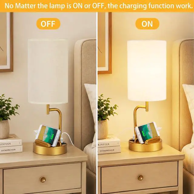 Alt view image 4 of 7 - Touch Control USB Table Lamp with USB C/A & AC Outlet, 3-Way Dimmable Bedside Lamp, Modern Nightstand Lamps for Bedroom Living Room Guest Room Office, Bulb Included, Gold