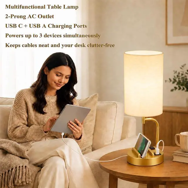 Alt view image 7 of 7 - Touch Control USB Table Lamp with USB C/A & AC Outlet, 3-Way Dimmable Bedside Lamp, Modern Nightstand Lamps for Bedroom Living Room Guest Room Office, Bulb Included, Gold