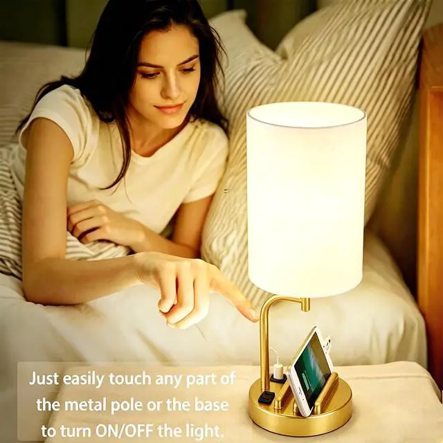 Alt view image 5 of 7 - Touch Control USB Table Lamp with USB C/A & AC Outlet, 3-Way Dimmable Bedside Lamp, Modern Nightstand Lamps for Bedroom Living Room Guest Room Office, Bulb Included, Gold