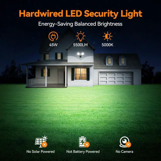 Alt view image 2 of 7 - 45W 5500LM PIR Motion Sensor Outdoor Lights, Dual Head LED Flood Light, 5000K Daylight, IP65 Waterproof Hardwired Dusk to Dawn Motion Detector Security Light for Outside Garage Yard (Black)