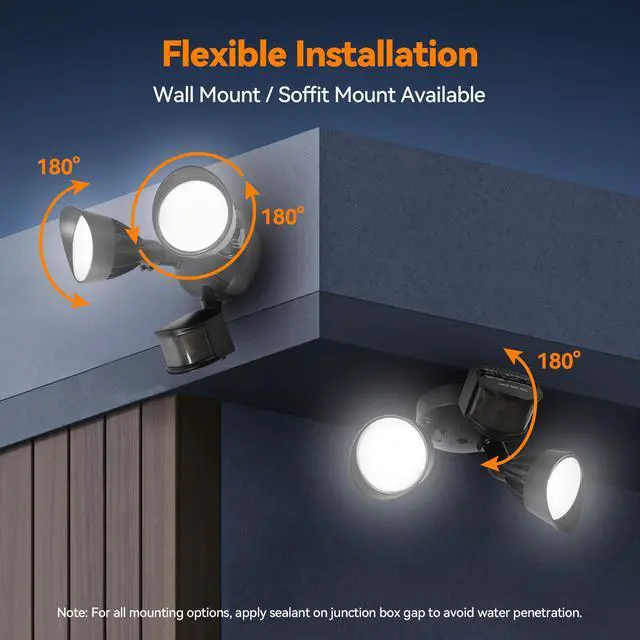 Alt view image 6 of 7 - 45W 5500LM PIR Motion Sensor Outdoor Lights, Dual Head LED Flood Light, 5000K Daylight, IP65 Waterproof Hardwired Dusk to Dawn Motion Detector Security Light for Outside Garage Yard (Black)