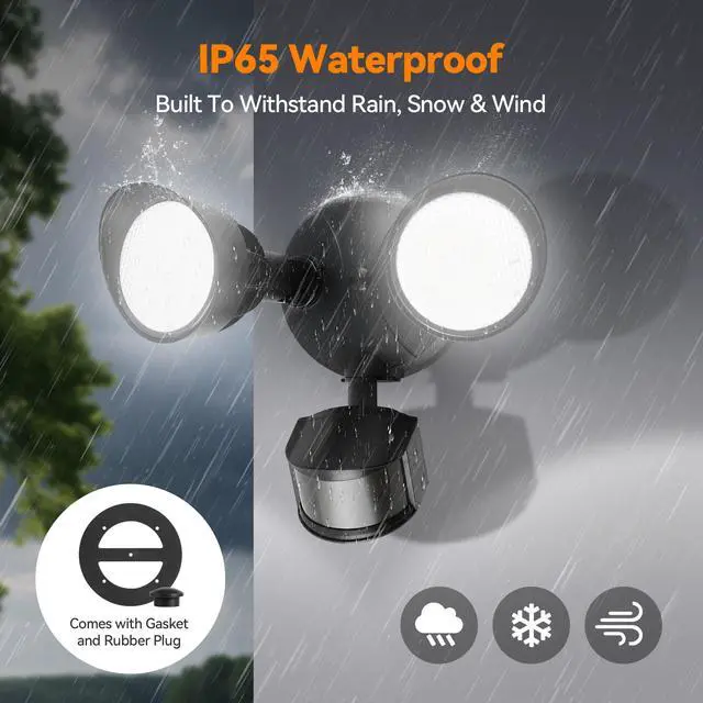 Alt view image 7 of 7 - 45W 5500LM PIR Motion Sensor Outdoor Lights, Dual Head LED Flood Light, 5000K Daylight, IP65 Waterproof Hardwired Dusk to Dawn Motion Detector Security Light for Outside Garage Yard (Black)