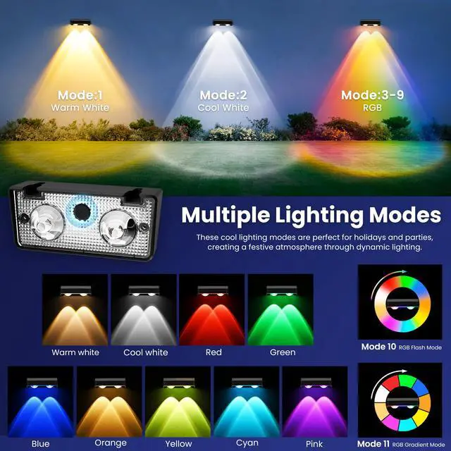 Alt view image 4 of 7 - Solar Fence Lights Outdoor, Color Changing, Waterproof IP65, 16 Pack | 11 Modes, 9 Colors 50 LM Solar Lights Waterproof with LED Focus Lens for Wall Backyard Deck Patio Porch Step Pool Decor
