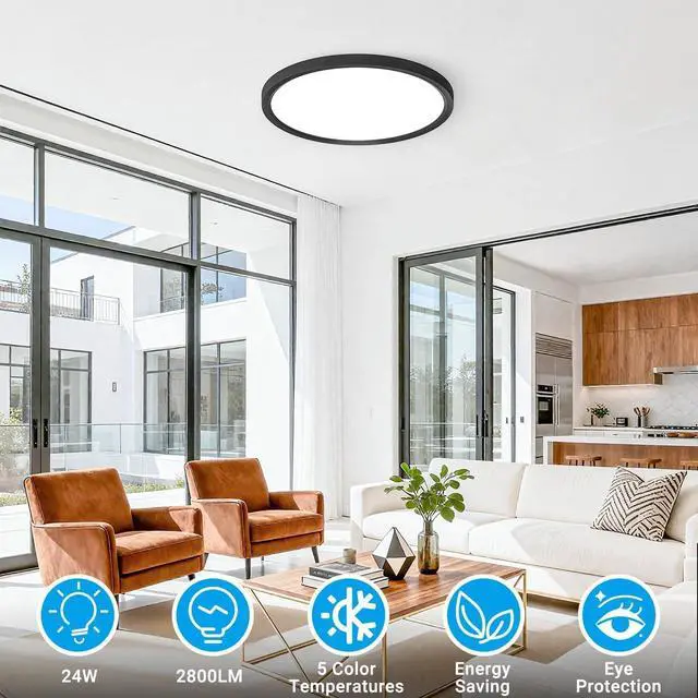 Alt view image 2 of 7 - 2Pack 12Inch LED Flush Mount Ceiling Light 5 Color Temperatures | 3000K/3500K/4000K/5000K/6500K 24W Black LED Ceiling Light Fixture for Bathroom Closet Kitchen Bedroom Hallway Porch Pantry