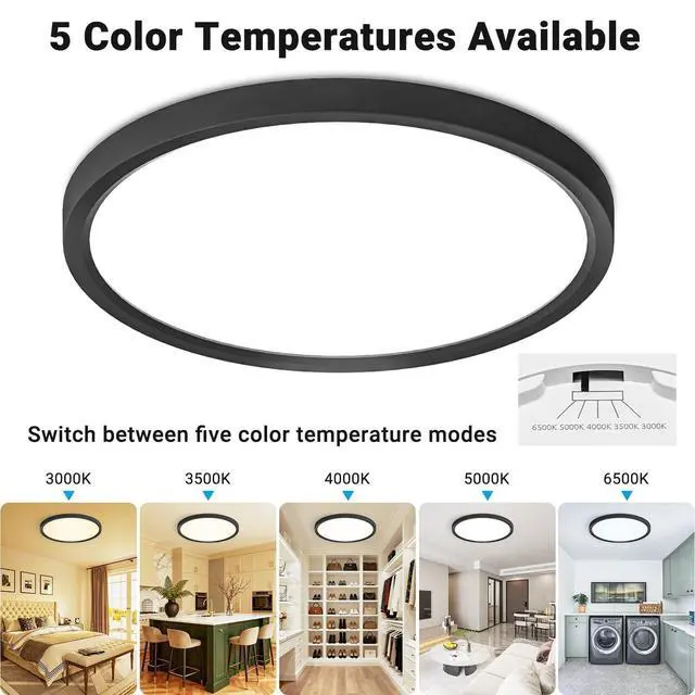 Alt view image 3 of 7 - 2Pack 12Inch LED Flush Mount Ceiling Light 5 Color Temperatures | 3000K/3500K/4000K/5000K/6500K 24W Black LED Ceiling Light Fixture for Bathroom Closet Kitchen Bedroom Hallway Porch Pantry
