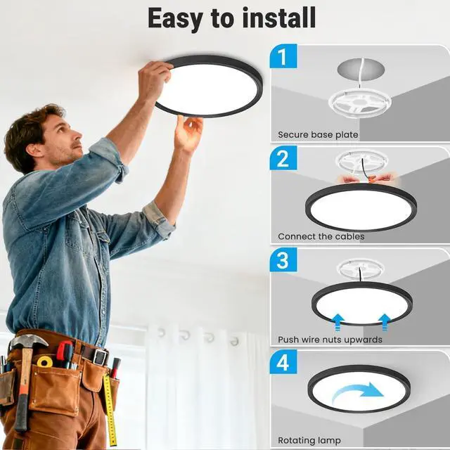 Alt view image 7 of 7 - 2Pack 12Inch LED Flush Mount Ceiling Light 5 Color Temperatures | 3000K/3500K/4000K/5000K/6500K 24W Black LED Ceiling Light Fixture for Bathroom Closet Kitchen Bedroom Hallway Porch Pantry