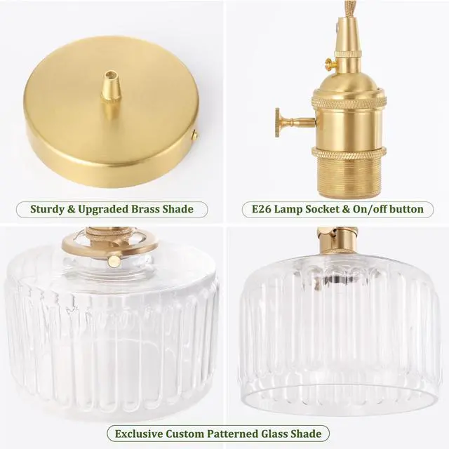 Alt view image 7 of 7 - Pendant Light with Clear Striped Glass Lmapshade, Brass Vintage Pendant Light Adjustable Hanging Light for Kitchen Island Dining Room Hallway
