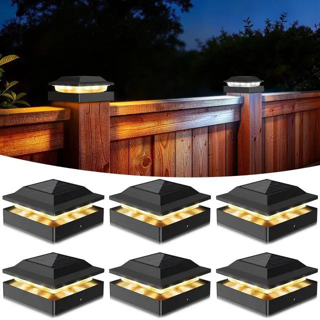 Main image of Solar Post Cap Lights for 4x4 Wood/Vinyl Posts, 6 Pack | IP65 Waterproof Fence Post Solar Lights, Outdoor Post Lights with 2 Color Modes Decorate Garden Patio Porch Backyard, Black