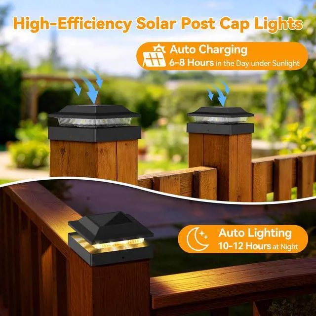 Alt view image 4 of 7 - Solar Post Cap Lights for 4x4 Wood/Vinyl Posts, 6 Pack | IP65 Waterproof Fence Post Solar Lights, Outdoor Post Lights with 2 Color Modes Decorate Garden Patio Porch Backyard, Black