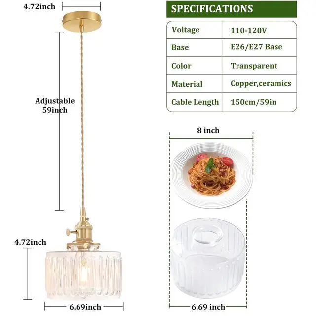 Alt view image 2 of 7 - Pendant Light with Clear Striped Glass Lmapshade, Brass Vintage Pendant Light Adjustable Hanging Light for Kitchen Island Dining Room Hallway
