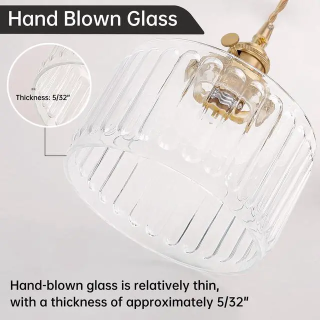 Alt view image 3 of 7 - Pendant Light with Clear Striped Glass Lmapshade, Brass Vintage Pendant Light Adjustable Hanging Light for Kitchen Island Dining Room Hallway