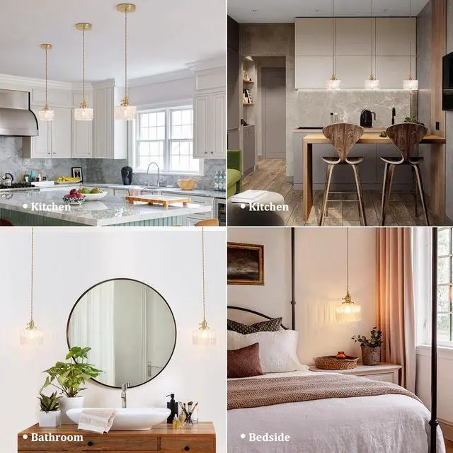 Alt view image 4 of 7 - Pendant Light with Clear Striped Glass Lmapshade, Brass Vintage Pendant Light Adjustable Hanging Light for Kitchen Island Dining Room Hallway
