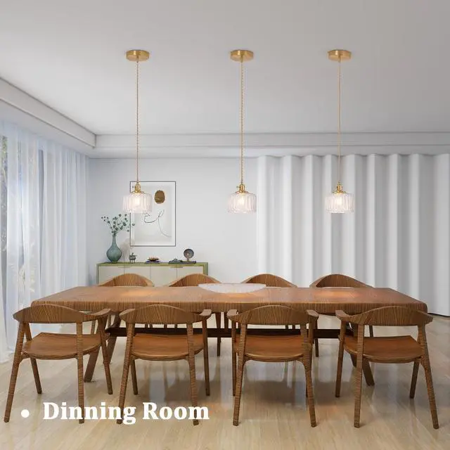 Alt view image 5 of 7 - Pendant Light with Clear Striped Glass Lmapshade, Brass Vintage Pendant Light Adjustable Hanging Light for Kitchen Island Dining Room Hallway