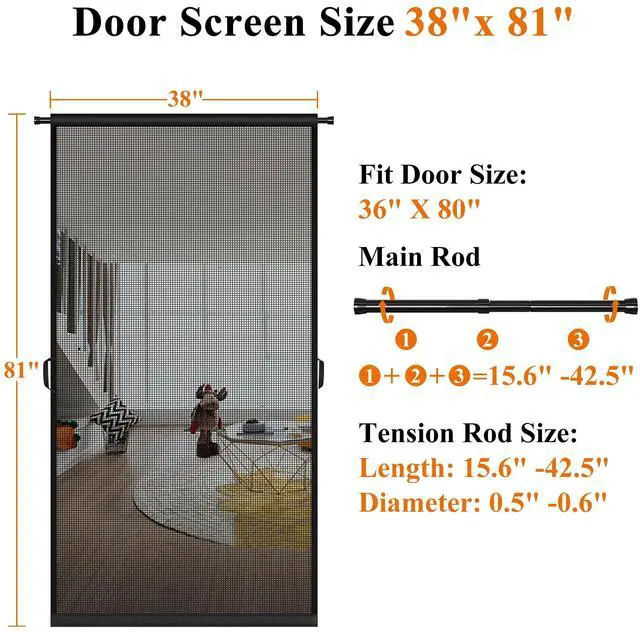 Alt view image 2 of 7 - Hanging Screen Door, Fits 36"x80" Door (Curtain Size 38''x81''), Gray | Durable Fiberglass with Tension Rod&Hook&Loop (1 Piece Can be Installed in 2 Ways), Pet Friendly, Weighted Bottom Windproof