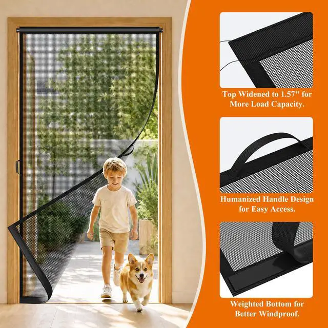 Alt view image 3 of 7 - Hanging Screen Door, Fits 36"x80" Door (Curtain Size 38''x81''), Gray | Durable Fiberglass with Tension Rod&Hook&Loop (1 Piece Can be Installed in 2 Ways), Pet Friendly, Weighted Bottom Windproof