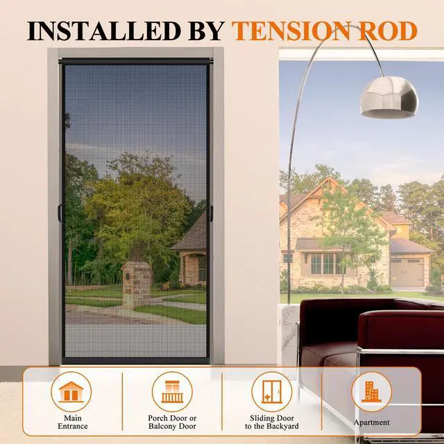 Alt view image 7 of 7 - Hanging Screen Door, Fits 36"x80" Door (Curtain Size 38''x81''), Gray | Durable Fiberglass with Tension Rod&Hook&Loop (1 Piece Can be Installed in 2 Ways), Pet Friendly, Weighted Bottom Windproof