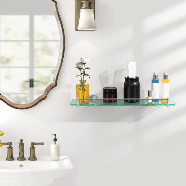 Alt view image 2 of 6 - 20 Inches Glass Shelves for Bathroom, Brushed Nickel Floating Glass Shelf Stainless Steel Tempered Glass Bathroom Shelves for Wall Mount Modern
