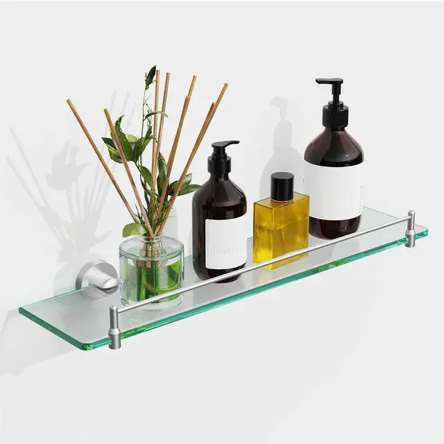 Main image of 20 Inches Glass Shelves for Bathroom, Brushed Nickel Floating Glass Shelf Stainless Steel Tempered Glass Bathroom Shelves for Wall Mount Modern